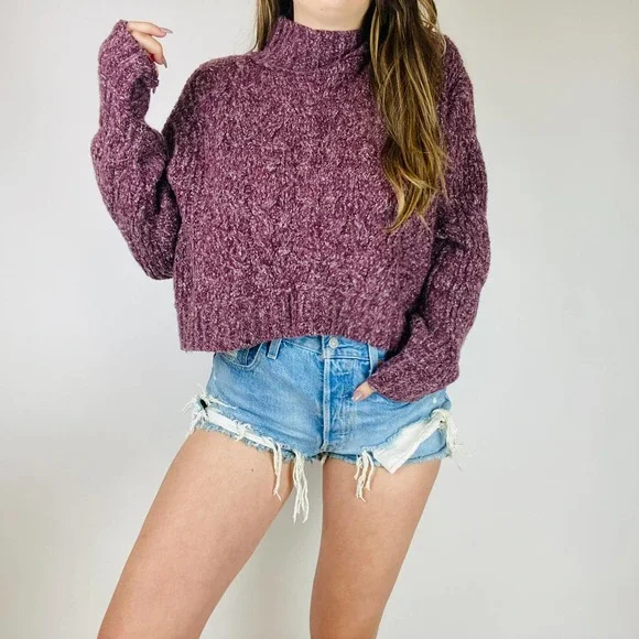 Free People Purple Cable Knit mock Neck Sweater - Picture 2 of 9